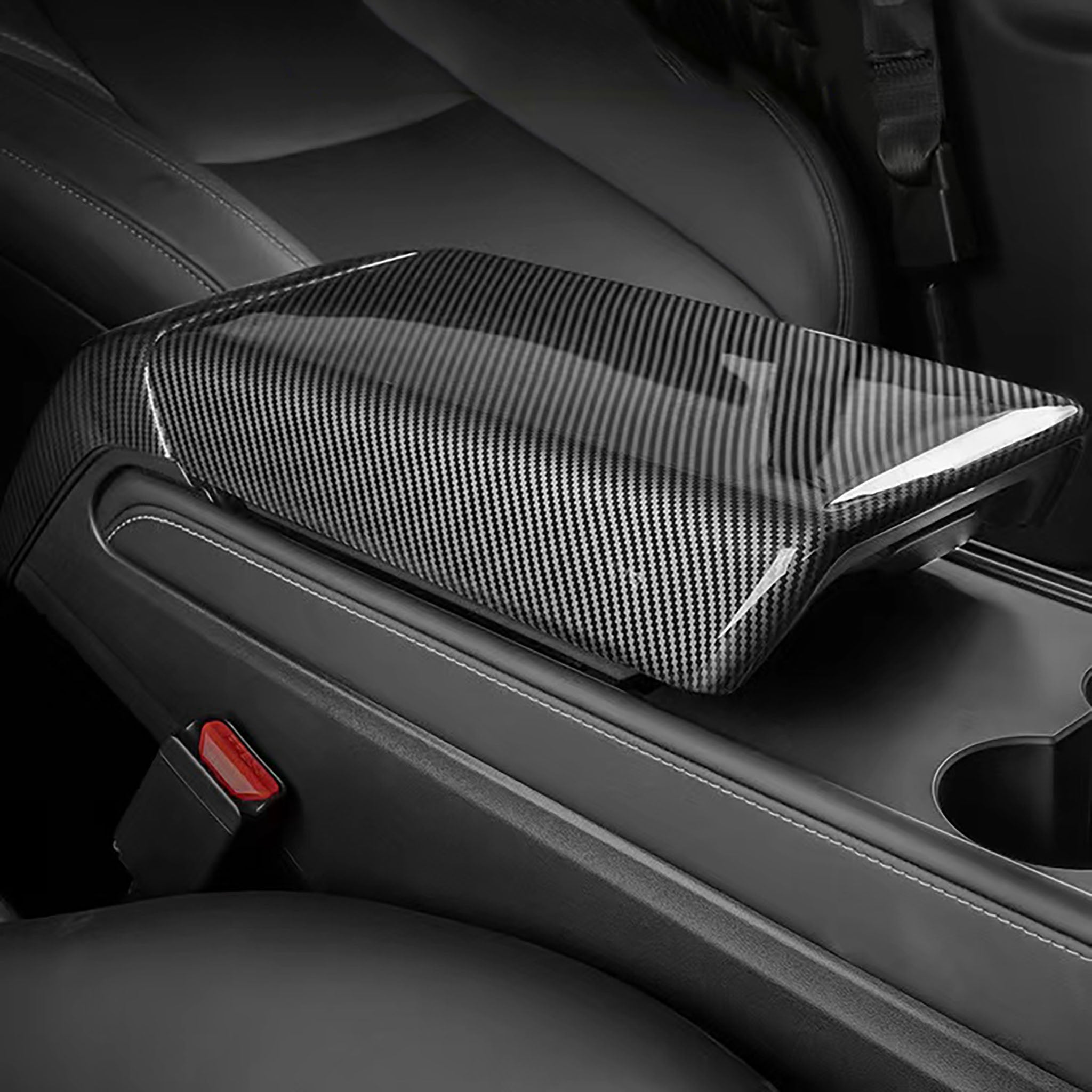 Glosy Carbon Fiber Armrest Cover isntalled on Tesla Model 3 / Y