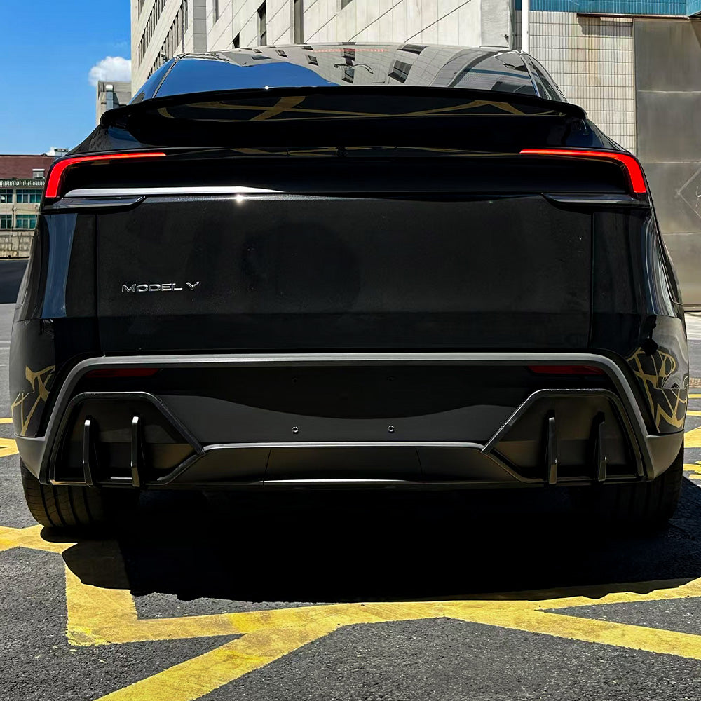 Front view of ABS Split Rear Diffuser installed on Black Tesla Model Y Juniper