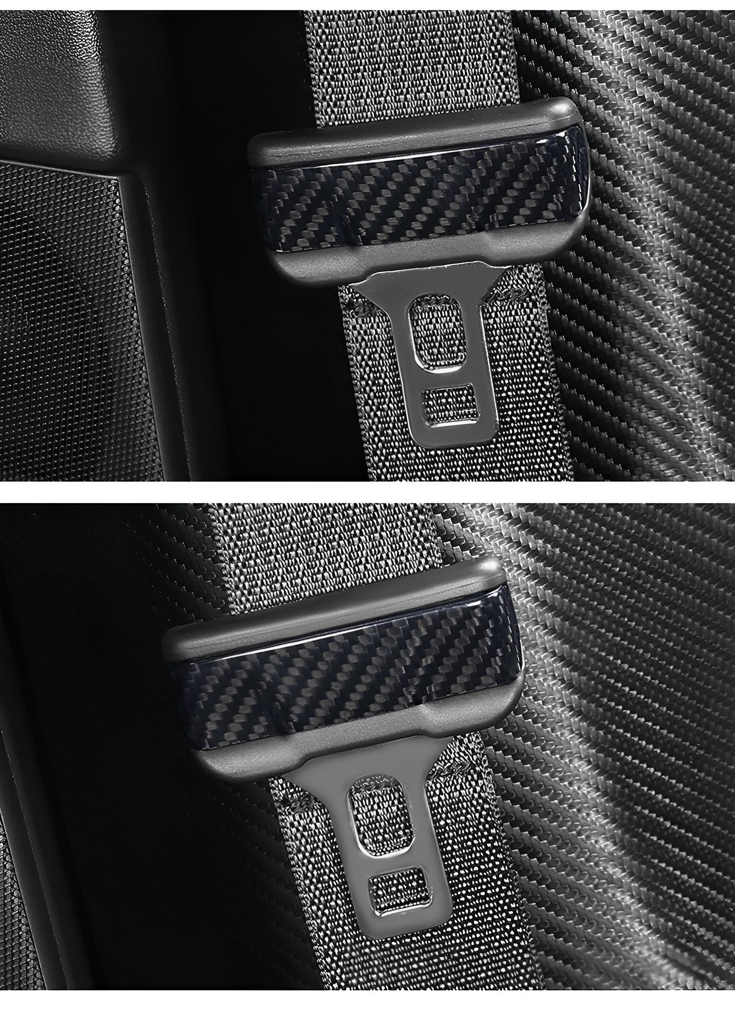 close up detail of Tesla Model 3/Y glossy Carbon Fiber Seat Belt Covers