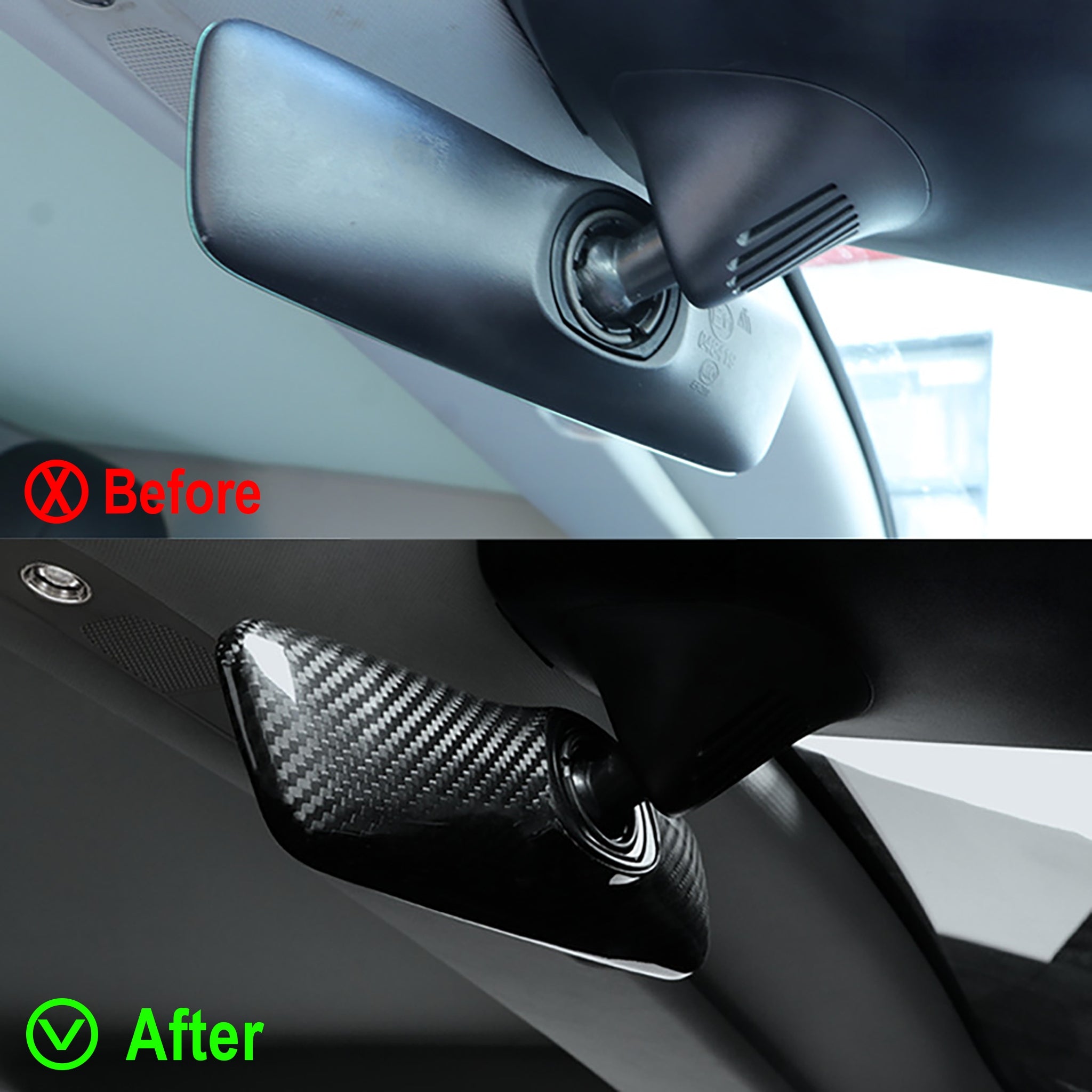 Before vs after installation: Tesla Model 3/Y Highland with Dry Carbon Fiber Interior Rearview Mirror Cover