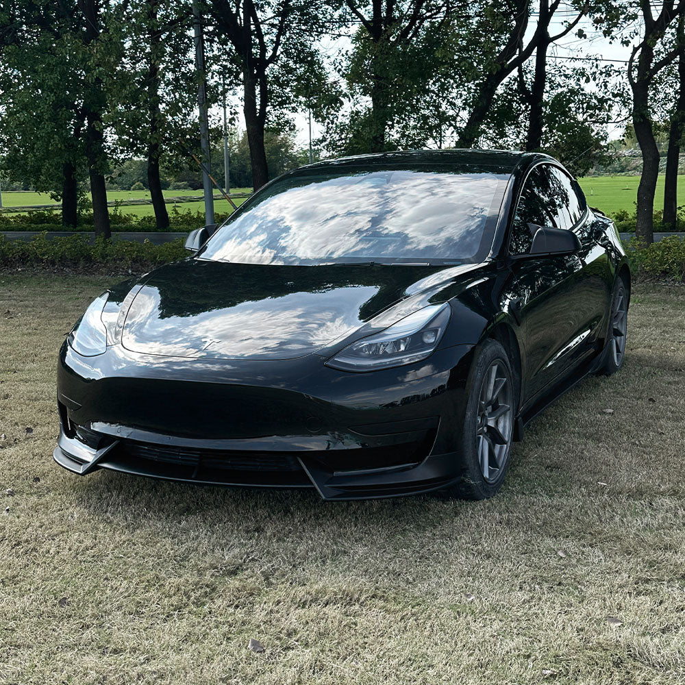 Sporty Front Lip Spoiler for Tesla Model 3 (2017-2023.09) | ABS Plastic Body Kit in Glossy/Matte Black & Carbon Fiber