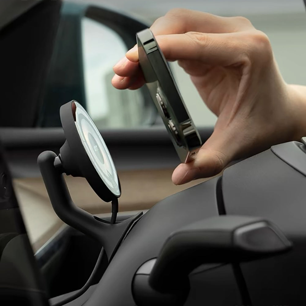 Tesla Wireless Charging Phone Mount for Model 3/Y – OBD-II Power & Steering Wheel Installation