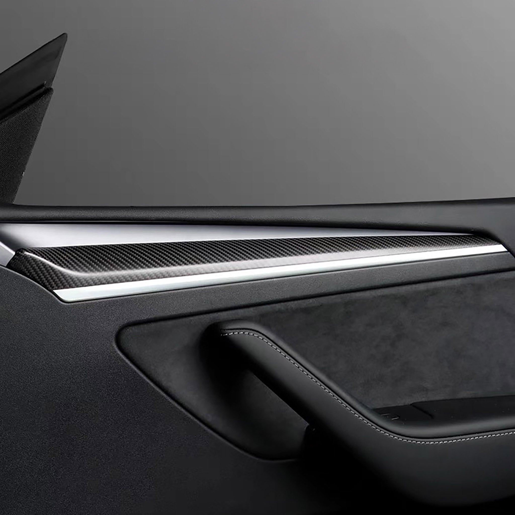 Font view of Tesla Model 3/Y Carbon Fiber Door Trim Cover