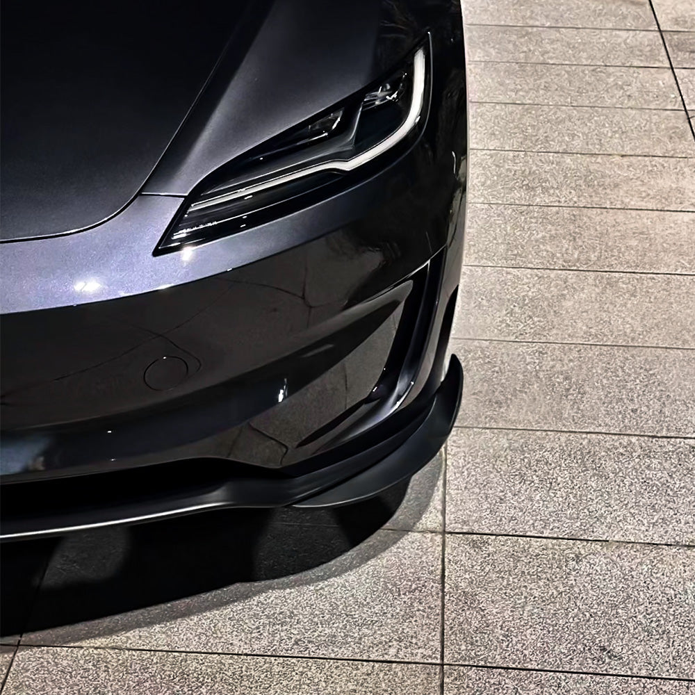 Carbon Fiber Front Lip installed on Grey Tesla Model 3 Highland Performance