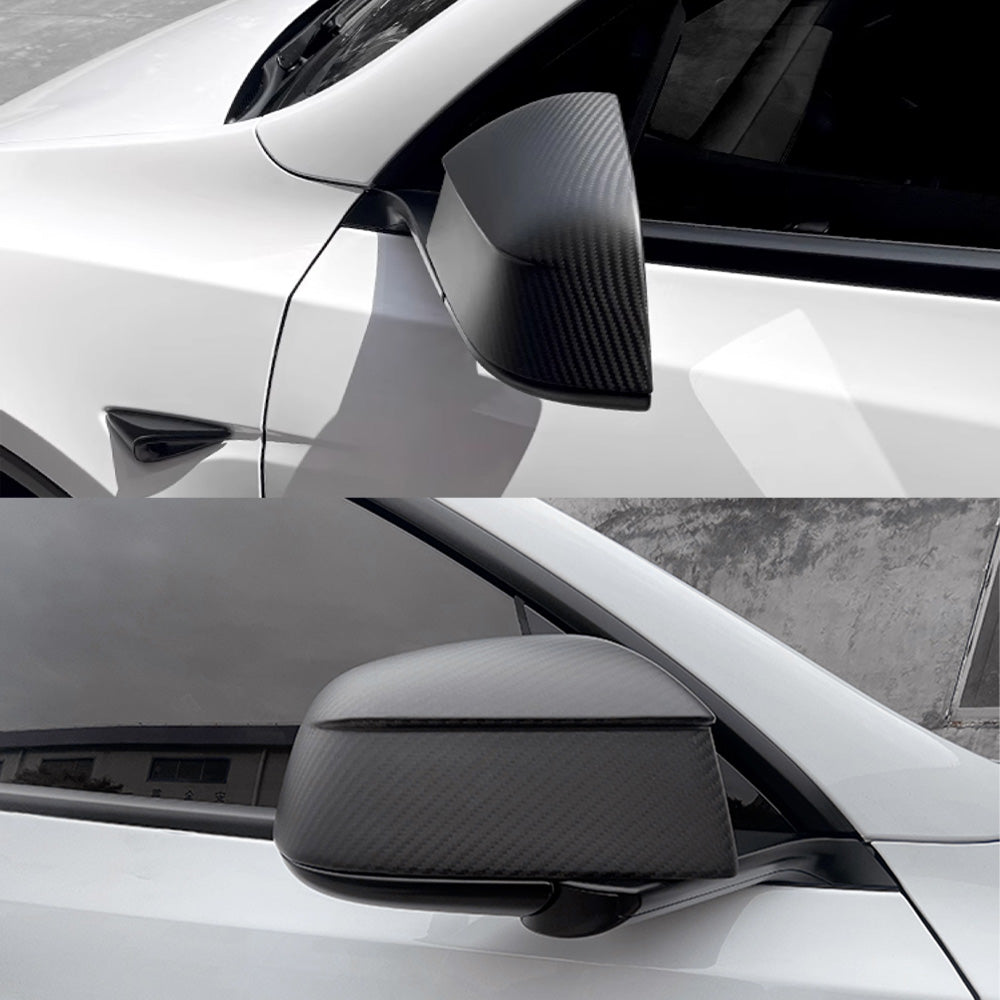 Tesla model Y Juniper Folding side mirror with Matte finish Carbon Fiber Mirror Caps – close-up detail shot