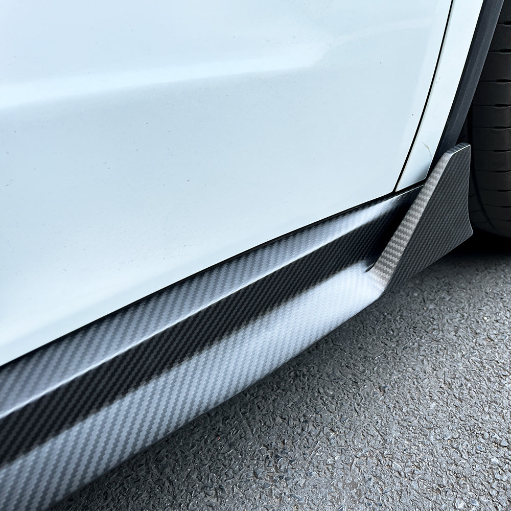 close up of Tesla Model Y Carbon Fiber Ascend Side Skirts for 2020-2026+ Juniper
