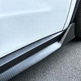 close up of Tesla Model Y Carbon Fiber Ascend Side Skirts for 2020-2026+ Juniper