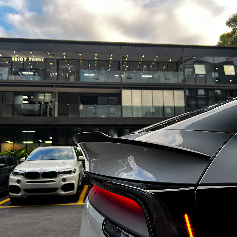 side view of Model Y Juniper Carbon Fiber Rear Spoiler Wing–Tesla YL OEM Style