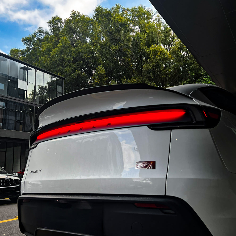 rear view of Tesla Model Y Juniper Carbon Fiber Rear Spoiler Wing–Tesla YL OEM Style