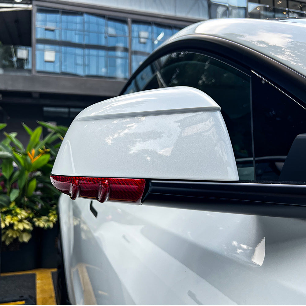 Carbon Fiber Mirror Lower Cover installed on Tesla Model Y – red finish