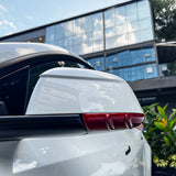 side view of Carbon Fiber Mirror Lower Cover installed on Tesla Model Y – red finish