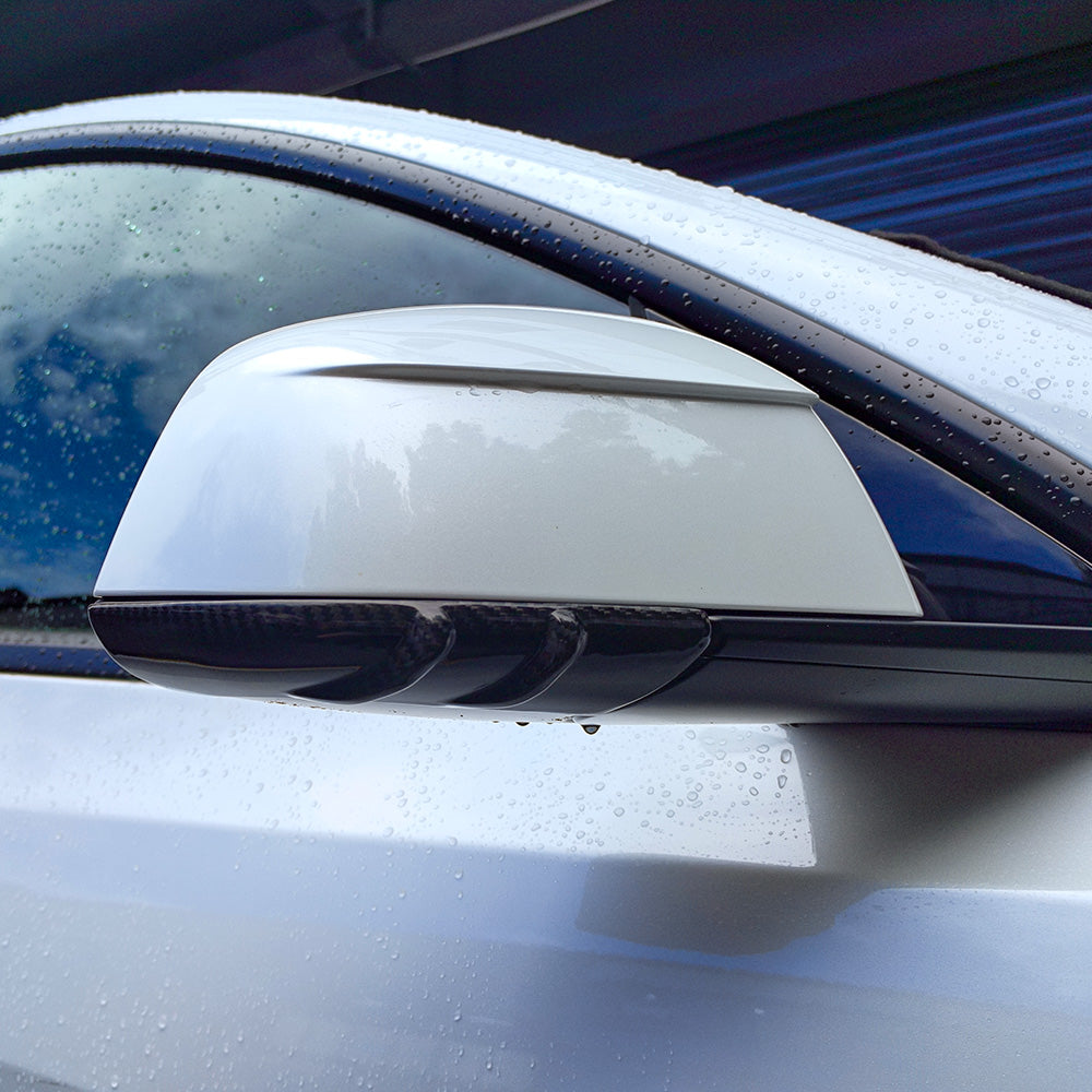Carbon Fiber Mirror Lower Cover installed on Tesla Model Y – matte finish