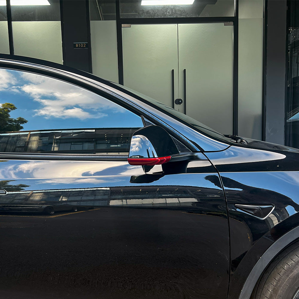 Carbon Fiber Mirror Lower Cover installed on Tesla Model Y – red finish