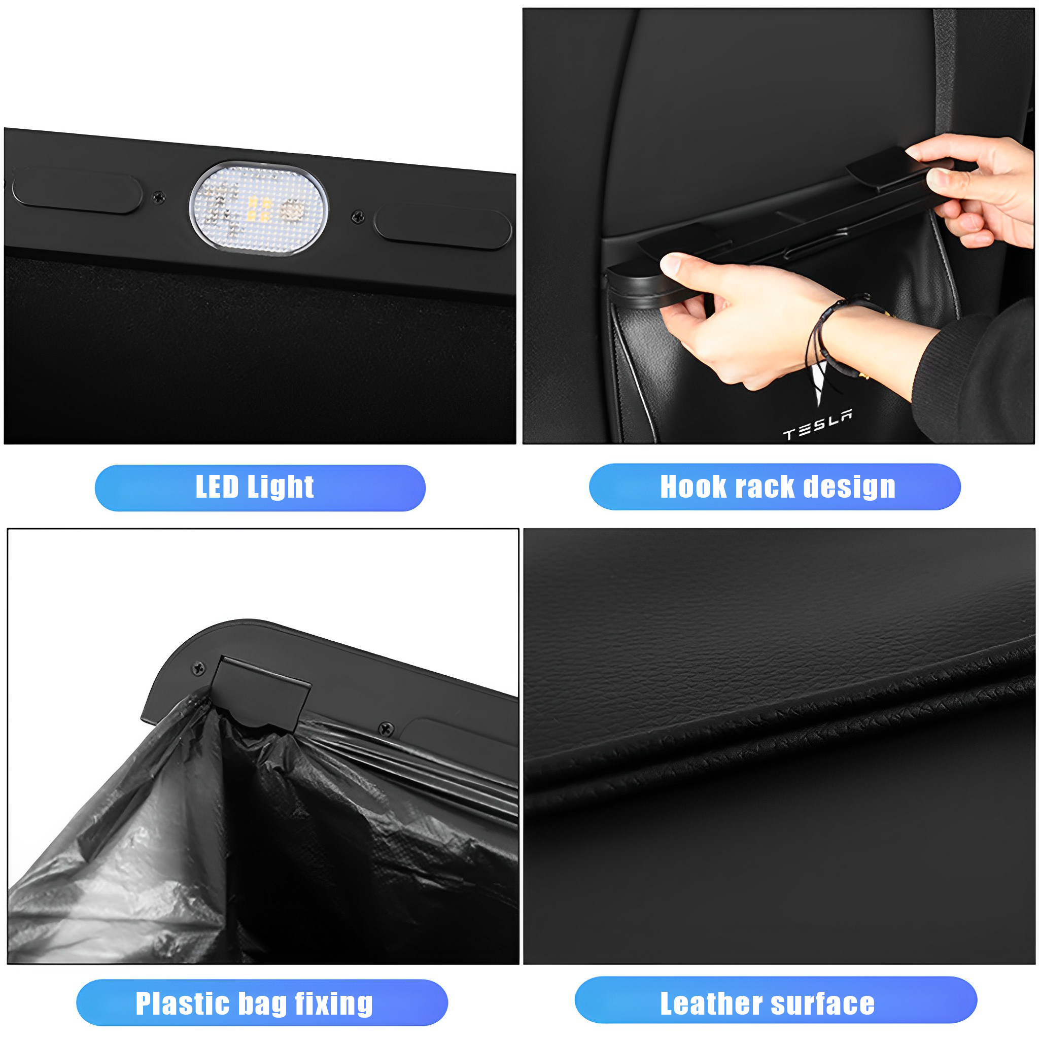 Tesla Model 3 & Model Y Leather Car Trash Bag – Waterproof, Magnetic Closure, with LED Light