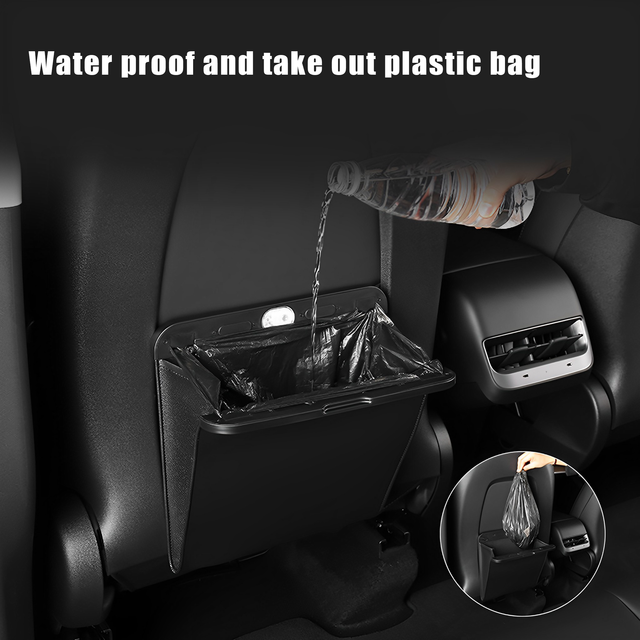Tesla Model 3 & Model Y Leather Car Trash Bag – Waterproof, Magnetic Closure, with LED Light