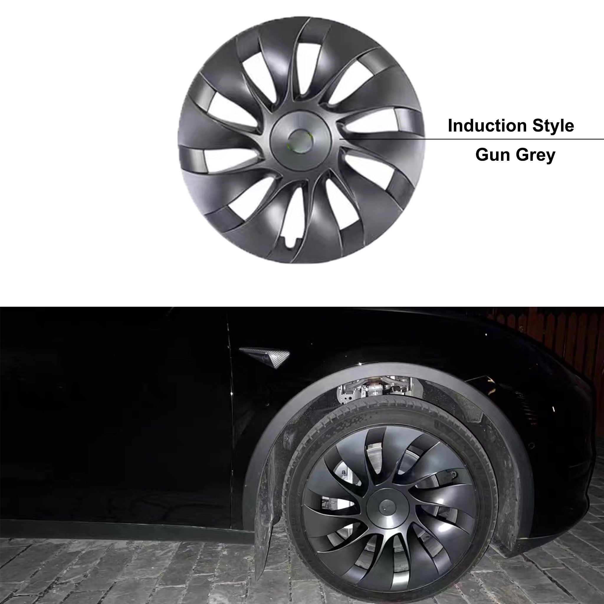 Teego 20 inch Model Y Wheel Covers with Induction Style Center Gun Grey Wheel Caps