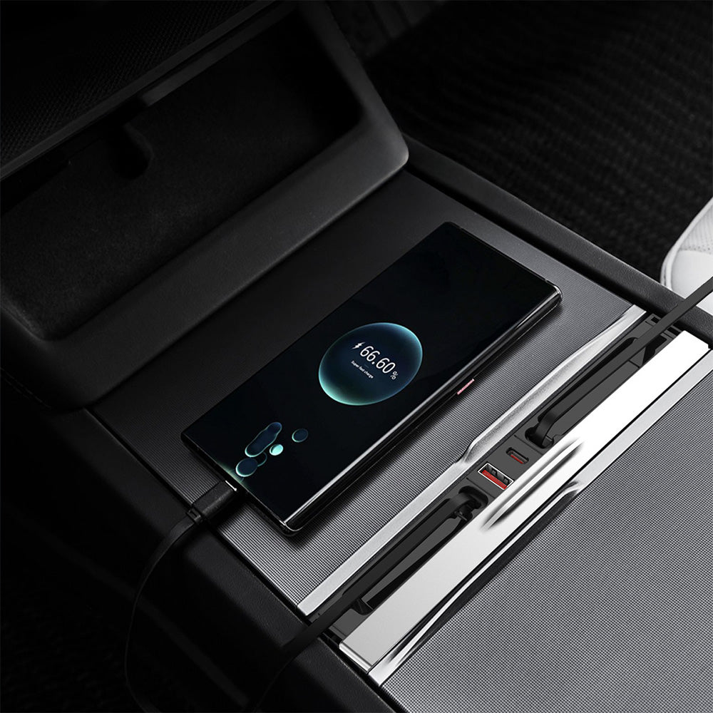 USB Hub Docking Station for Tesla Model 3 Highland (2024+) & Model Y Juniper (2025+) – Custom-Fit, PD 65W Fast Charging, Retractable Type-C Cables