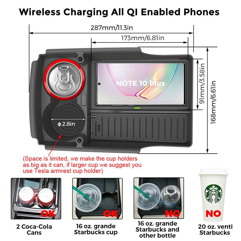 Wireless Phone Charging Organizer with Cup Holder for Tesla Pre-refresh Model S / X