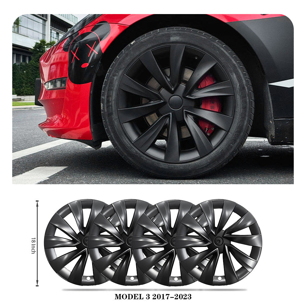 Nova-Style Wheel Covers for Tesla Model 3 (2017–2023.09) – 18” Aero Wheels – Matte Black & Silver – OEM-Fit Rim Protectors