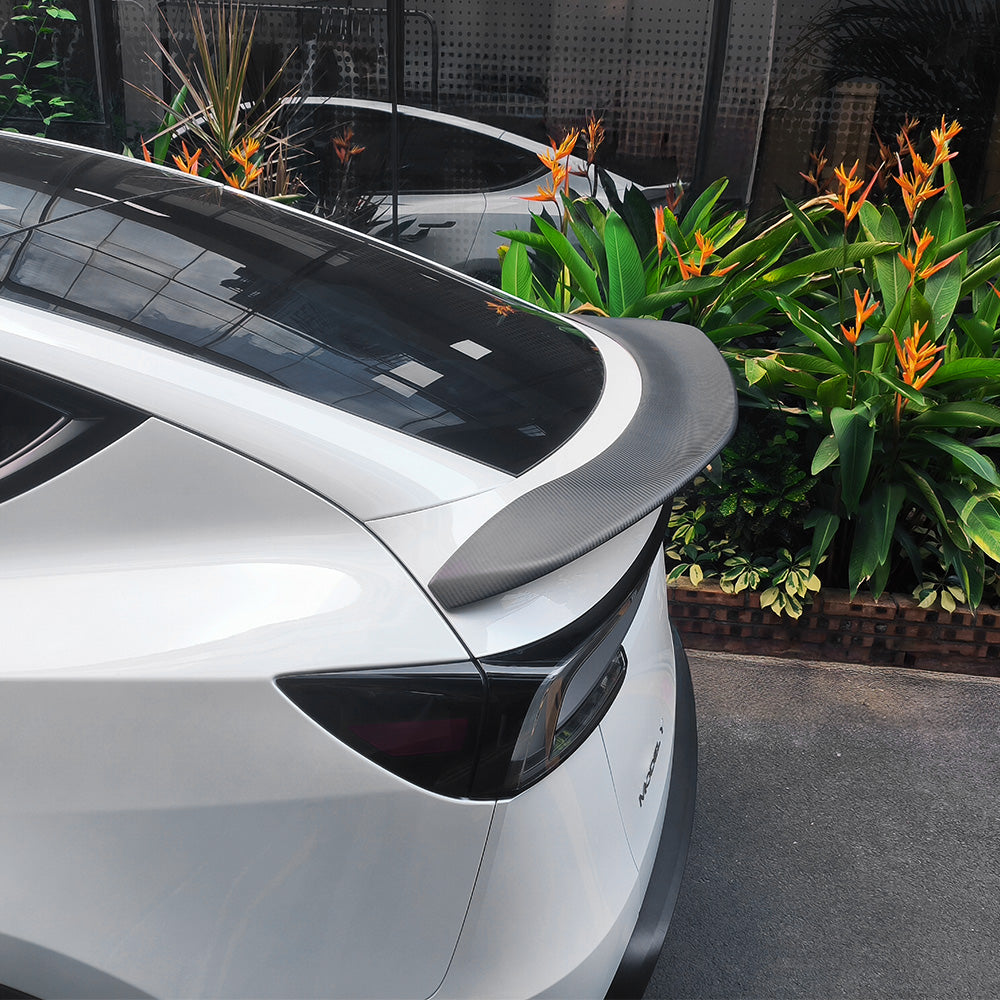 Side view of Model Y Juniper V-Style Carbon Fiber Rear Spoiler-matte