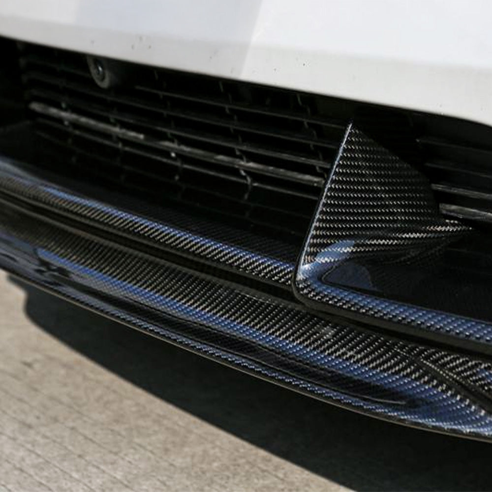 Close up of Tesla Model Y Juniper Carbon Fiber Front Lip Splitter