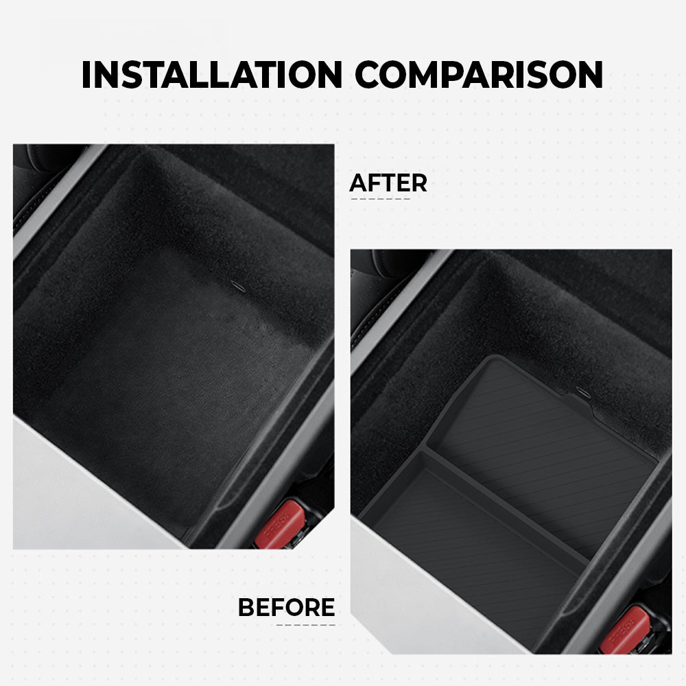 before vs after installation: Lower Armrest Organizer Silicone Storage Insert Tray for the 2026+ Tesla Model Y Standard