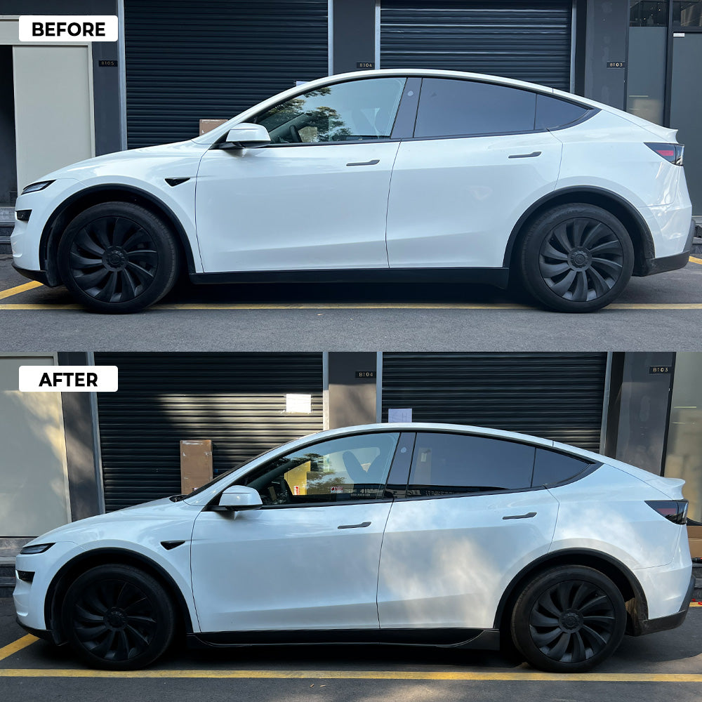 Before vs After installation: with Model Y Juniper Split ABS Side Skirts