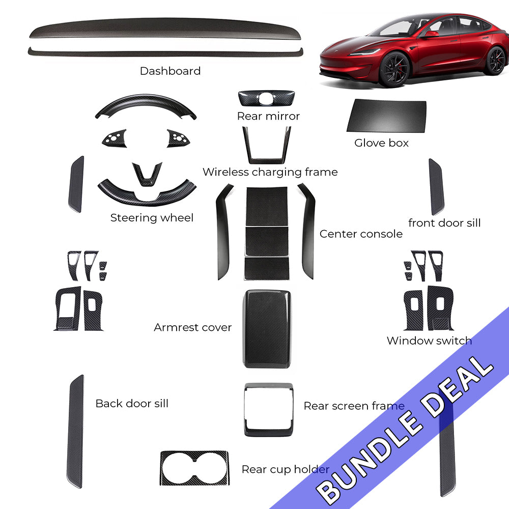 Bundle: 2024+ Tesla Model 3 Interior Carbon Fiber Full Kit (33 Piece) Real Dry Molded Carbon Fiber
