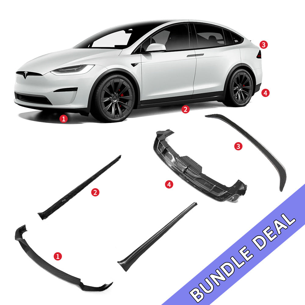 Bundle: Full Carbon Fiber Aero Kit for Tesla Model X (2021–2025) – Front Lip, Side Skirts, Diffuser & Spoiler