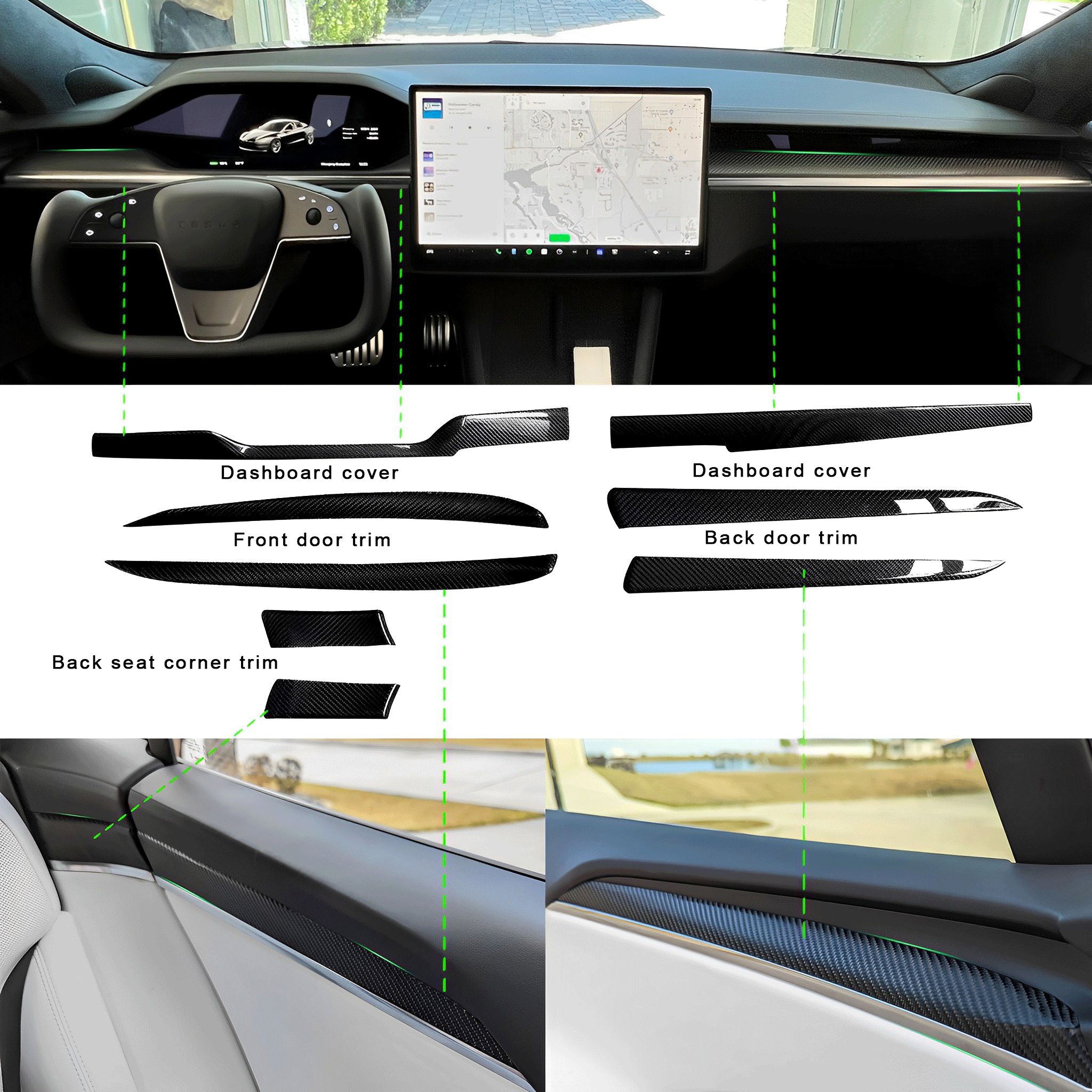 Carbon Fiber Dashboard & Door Trims For 2021-2026+ Tesla Model S & X | Teego