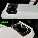 before vs after installation: Tesla Model 3 Highland with Carbon Fiber rear Cup Holder Cover