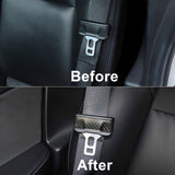 Before and after installation of Tesla Model 3/Y Carbon Fiber Seat Belt Covers