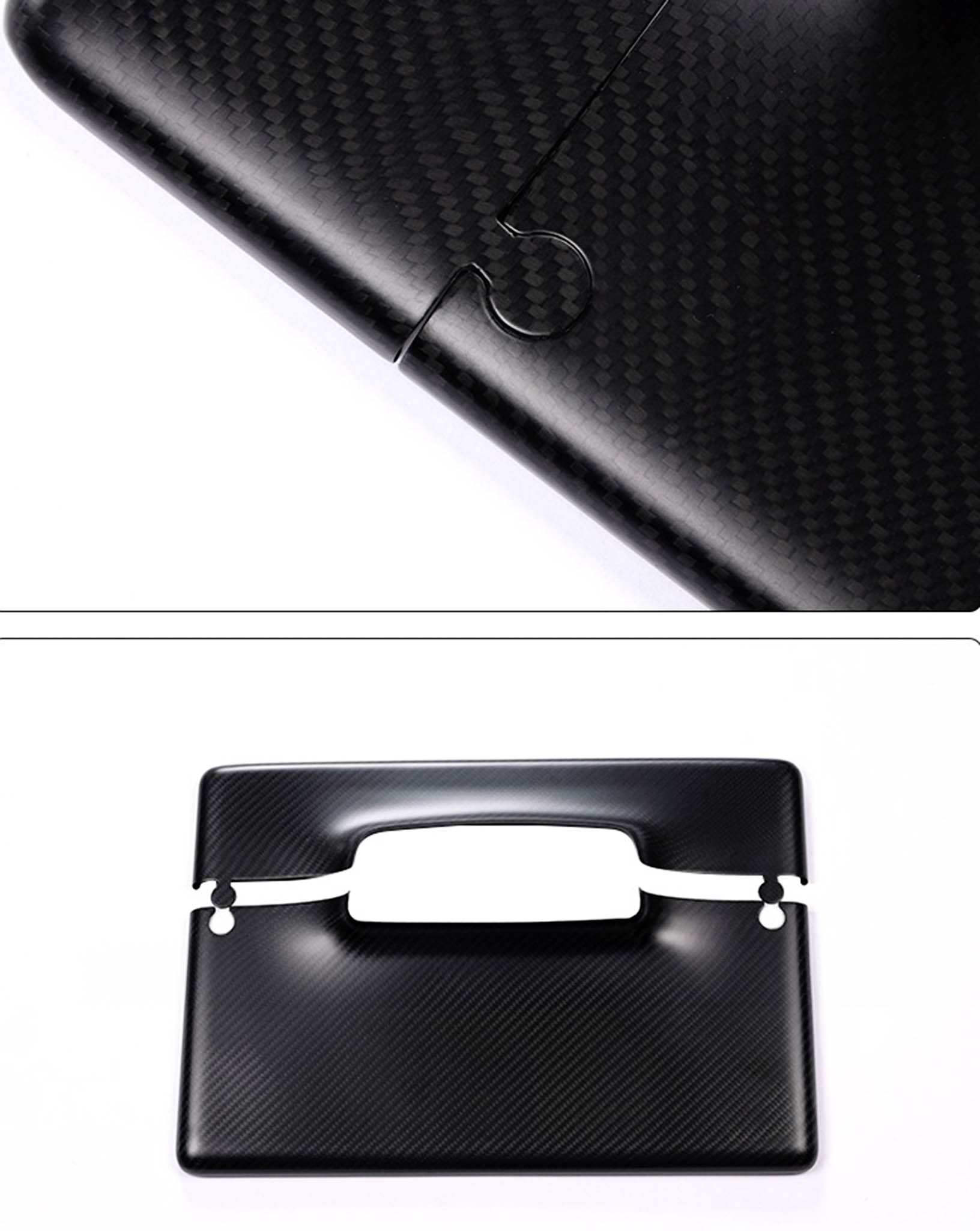 Details and front view Model 3 Highland Carbon Fiber Touchscreen Overlay