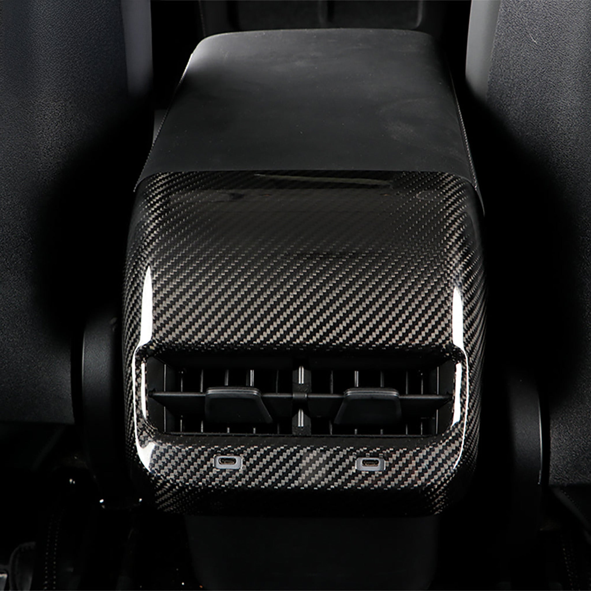 Carbon Fiber Rear AC Outlet Cover installed on Tesla Model 3 & Model Y