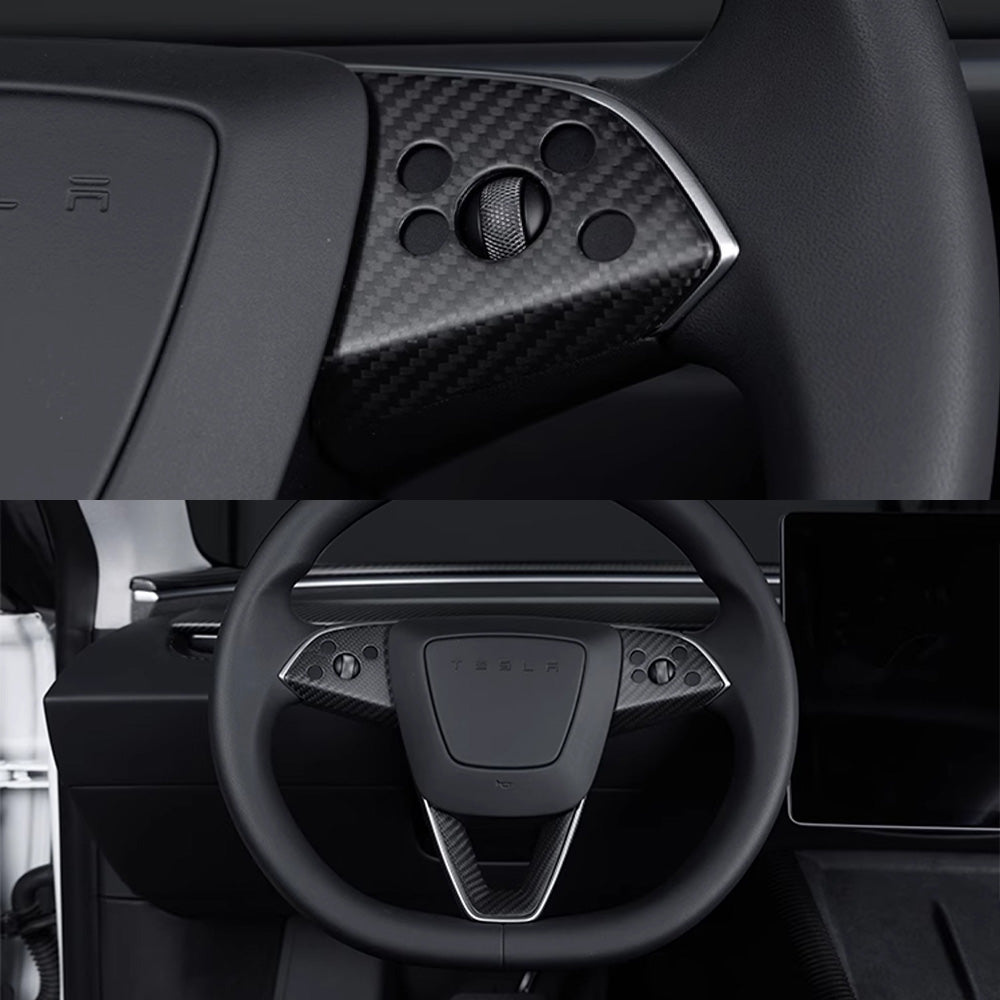Close-up of Tesla Model 3 Highland Matte Carbon Fiber Steering Wheel Trim