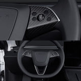 Close-up of Tesla Model 3 Highland Matte Carbon Fiber Steering Wheel Trim