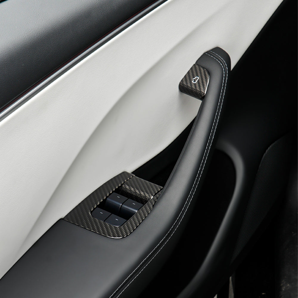 Model Y Juniper with Real Carbon Fiber Window Switch Trim Cover installed