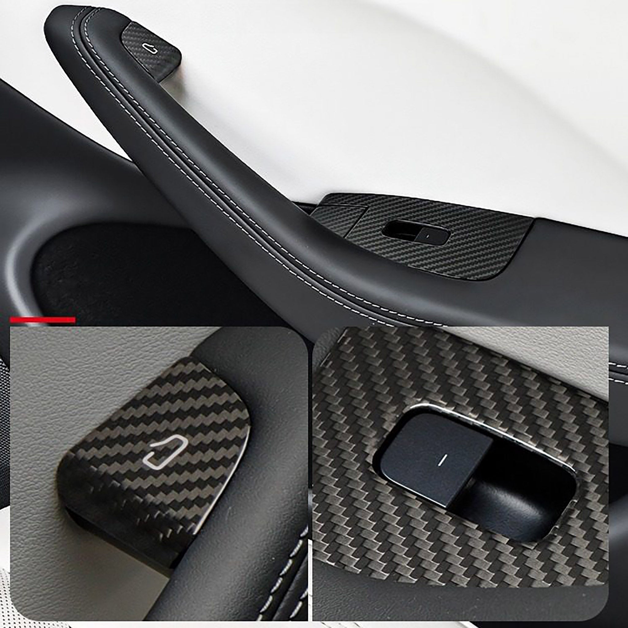 Close up view of Twill weave Carbon Fiber Window Switch Covers for Model 3 Highland 2024+