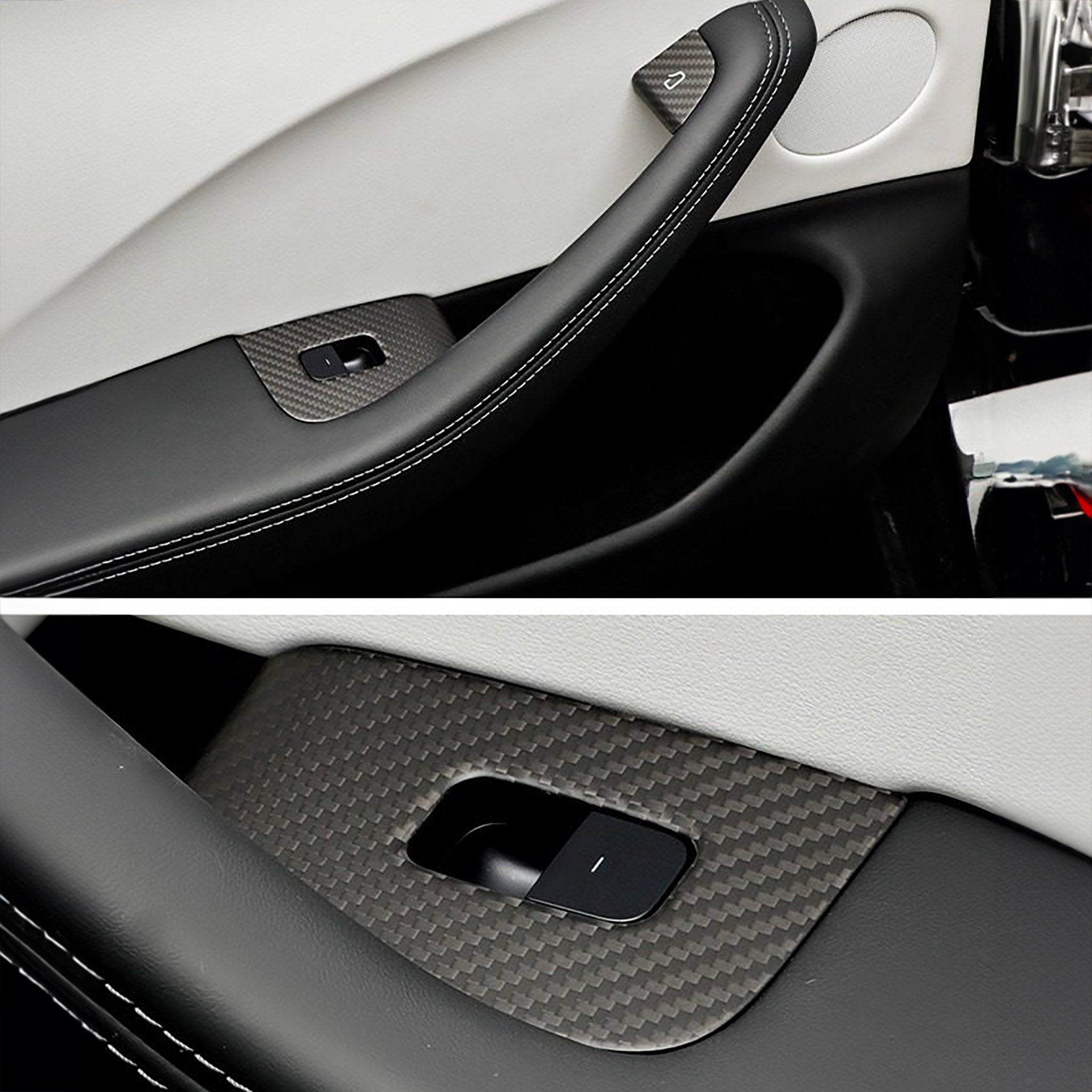 Close-up view of the carbon fiber texture on Window Switch Covers for Model 3 Highland 2024+