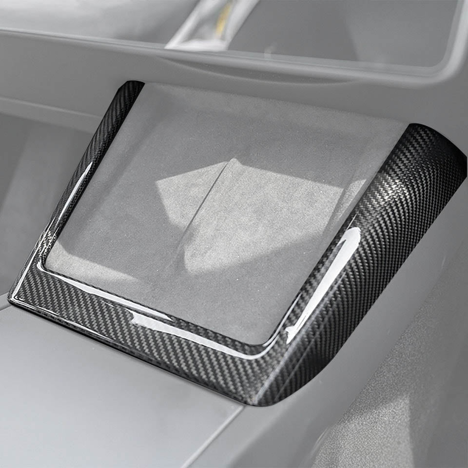 Carbon Fiber Wireless Charging Pad Frame Overlay installed on Tesla Model 3 Highland
