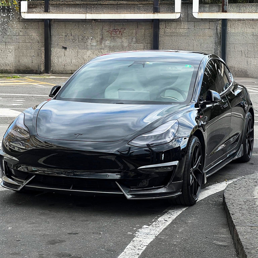 Sporty Front Lip Spoiler for Tesla Model 3 (2017-2023.09) | ABS Plastic Body Kit in Glossy/Matte Black & Carbon Fiber