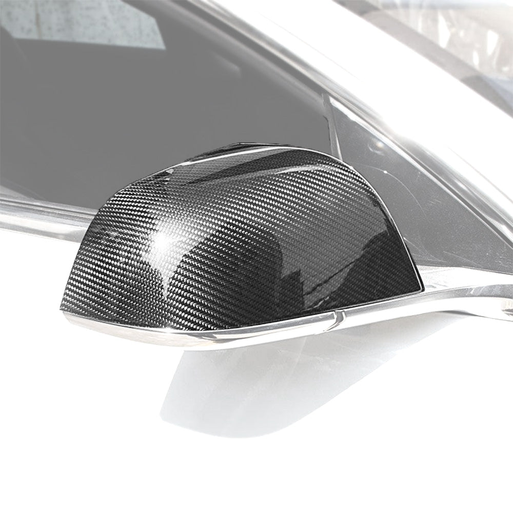 Glossy Dry Carbon Fiber Mirror Cap installed on Tesla Model 3/Y