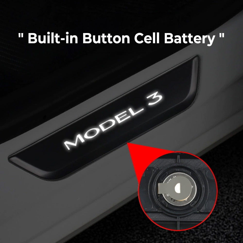 LED illuminated Welcome Pedal Door Sill Protector for Tesla Model 3 built- in button cell battery