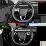Before vs after installation: Tesla Model Y Juniper steering wheel with carbon fiber cover