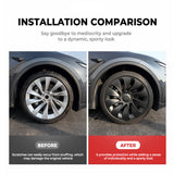 Before vs after installation: Tesla Model Y Juniper 20" Helix 2.0 Wheels with Performance Uberturbine Style Wheel Covers