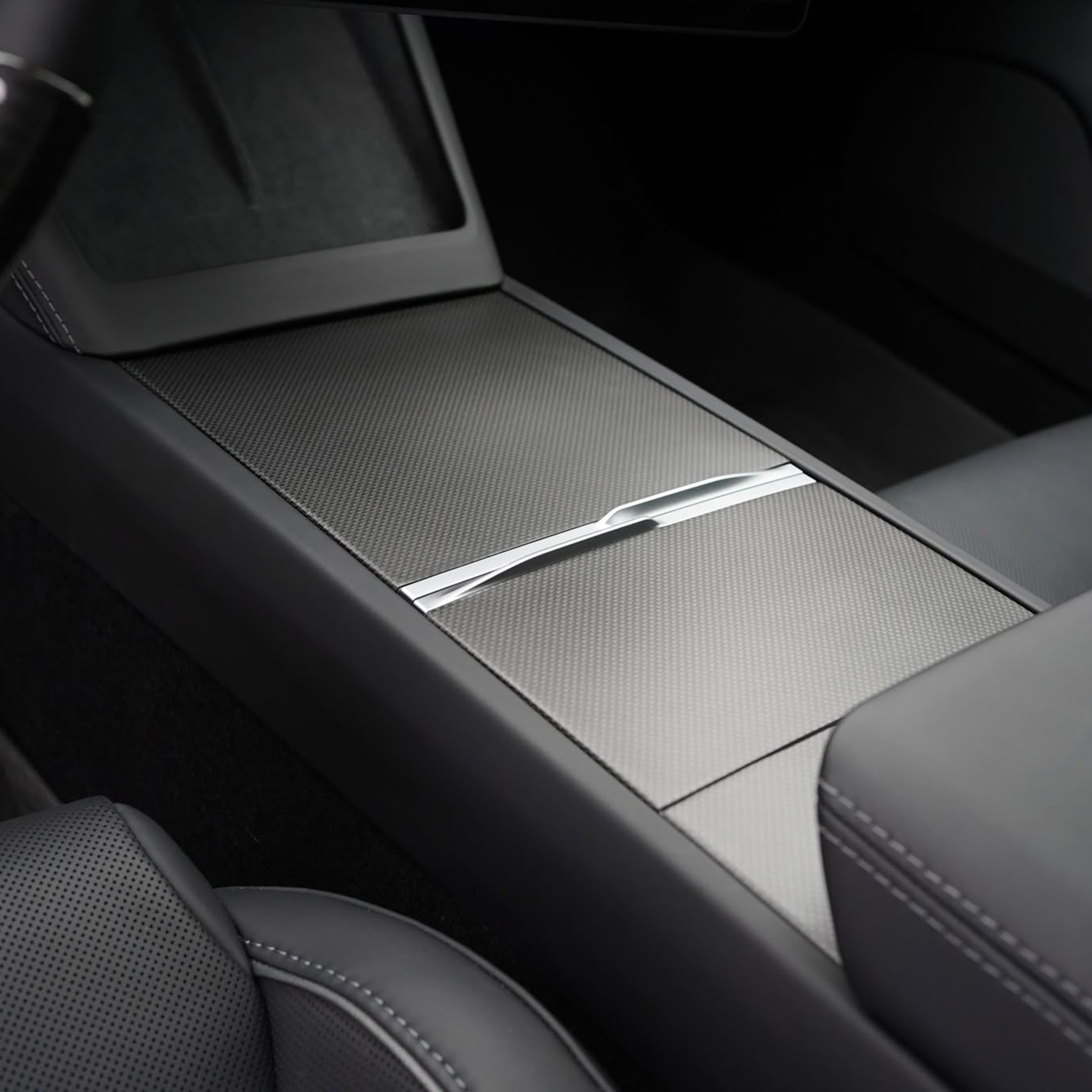 Real carbon fiber Console overlays installed on Tesla Model Y- side view