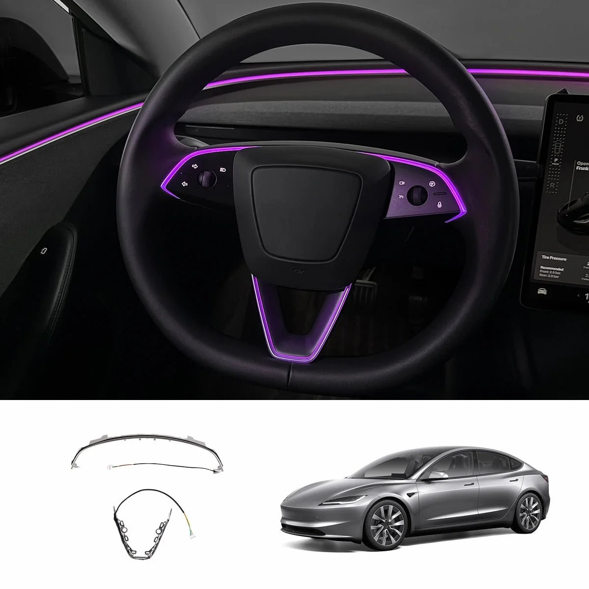 RGB Steering Wheel & Cup Holder Ambient Light Kit for Tesla Model 3 Highland 2024+ / Model Y Juniper 2025+ / Model YL 2026+