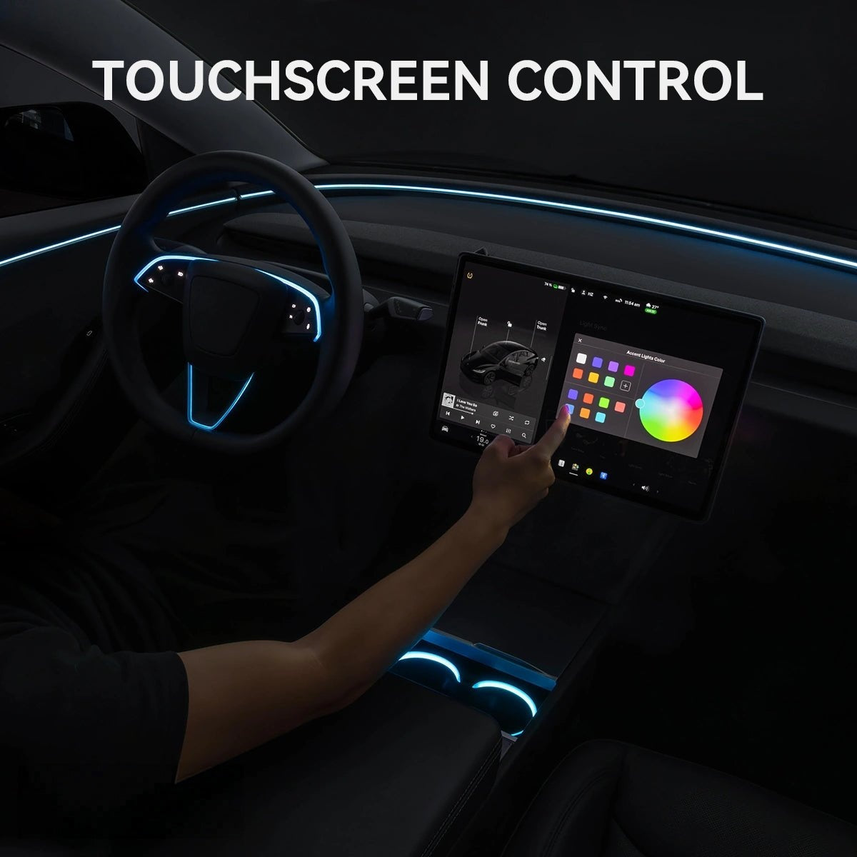 RGB Steering Wheel & Cup Holder Ambient Light Kit for Tesla Model 3 Highland 2024+ / Model Y Juniper 2025+ / Model YL 2026+