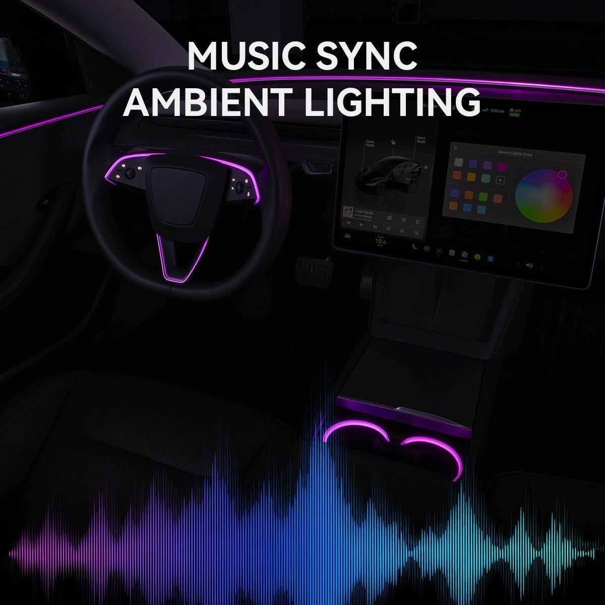 RGB Steering Wheel & Cup Holder Ambient Light Kit for Tesla Model 3 Highland 2024+ / Model Y Juniper 2025+ / Model YL 2026+