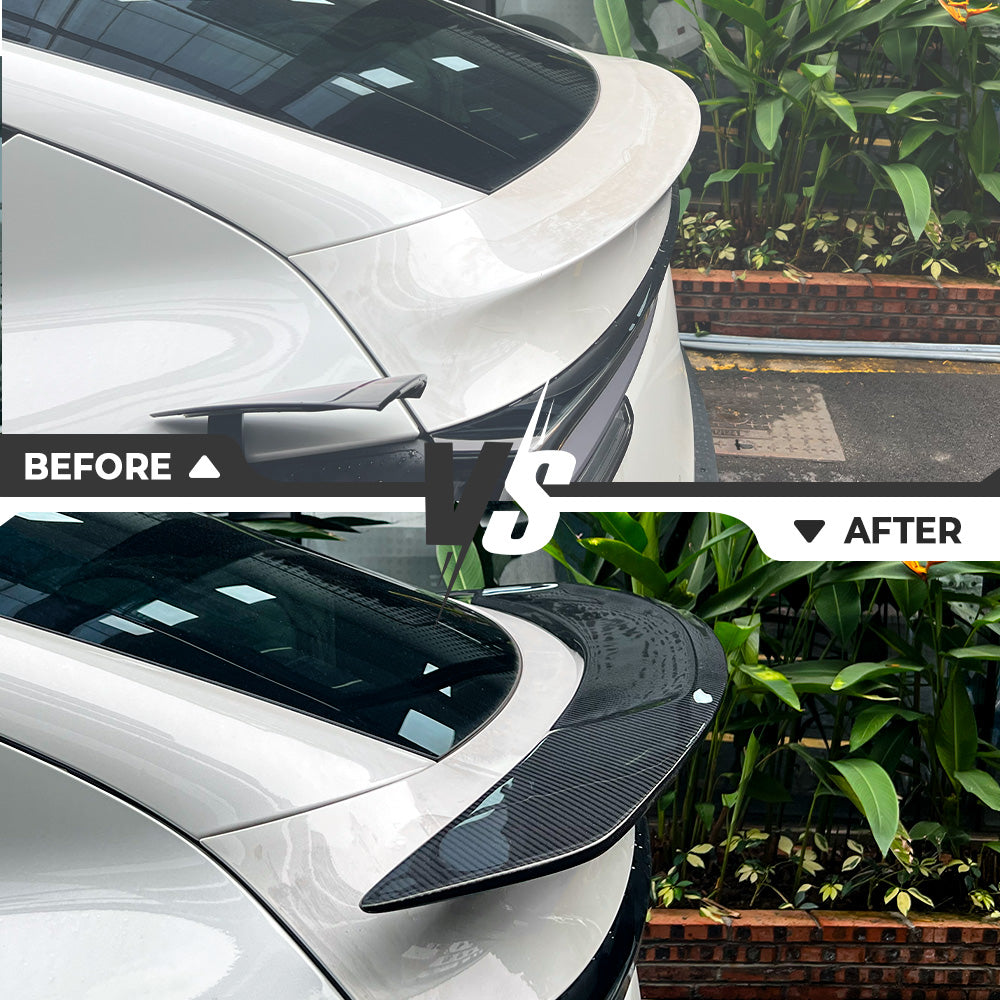 Before and after installation of RT-Style carbon fiber spoiler on Model Y Juniper